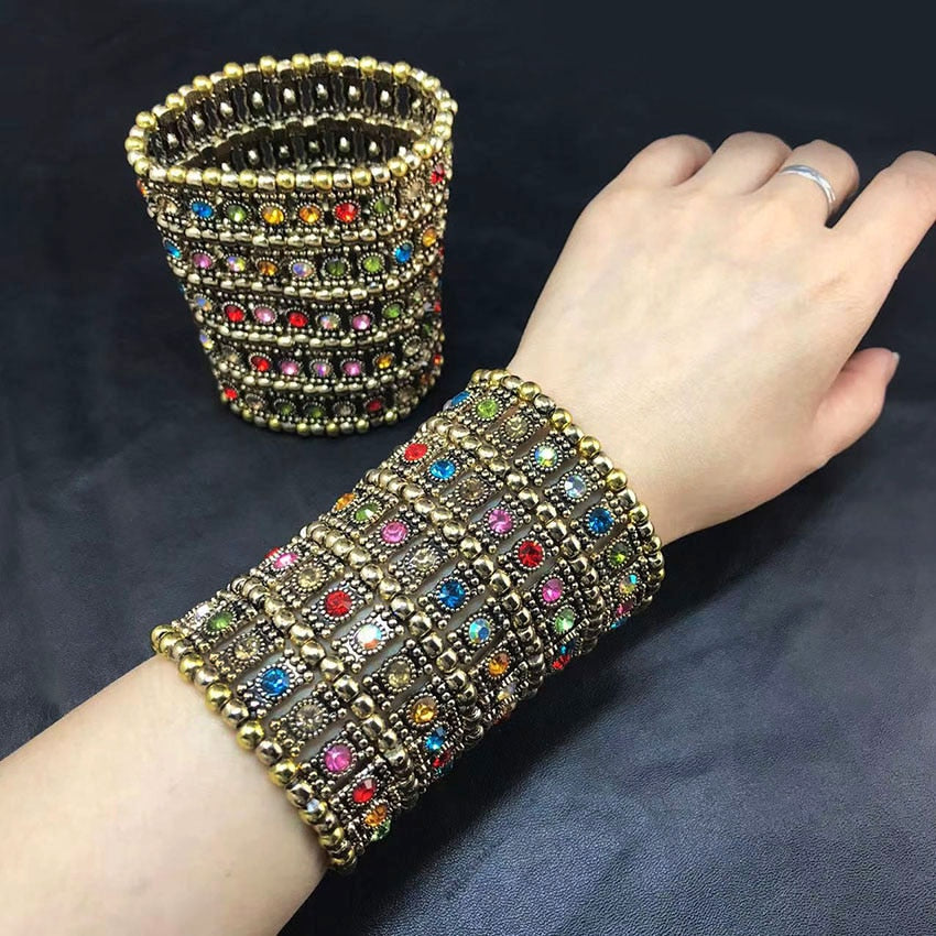 Classic Fashion Elastic Wide Bracelets Retro Punk Exaggerated Five Row Crystal Retractable  Beaded