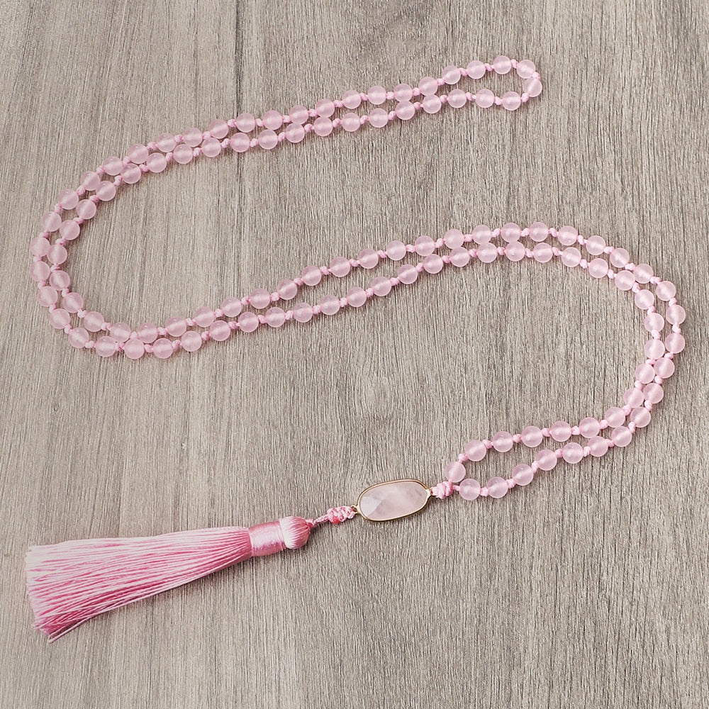 Fashion Natural Pink Chalcedony Beads Necklaces 108 Mala Beads Pendant Charm Women