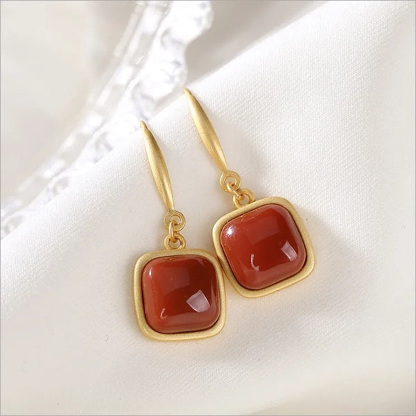 New Natural Hetian South Carnelian Square Long Earrings