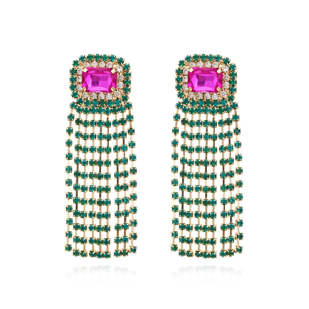 New Long Tassel Metal Green Rhinestone Earring For Women