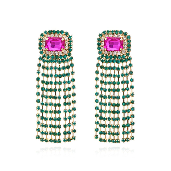 New Long Tassel Metal Green Rhinestone Earring For Women