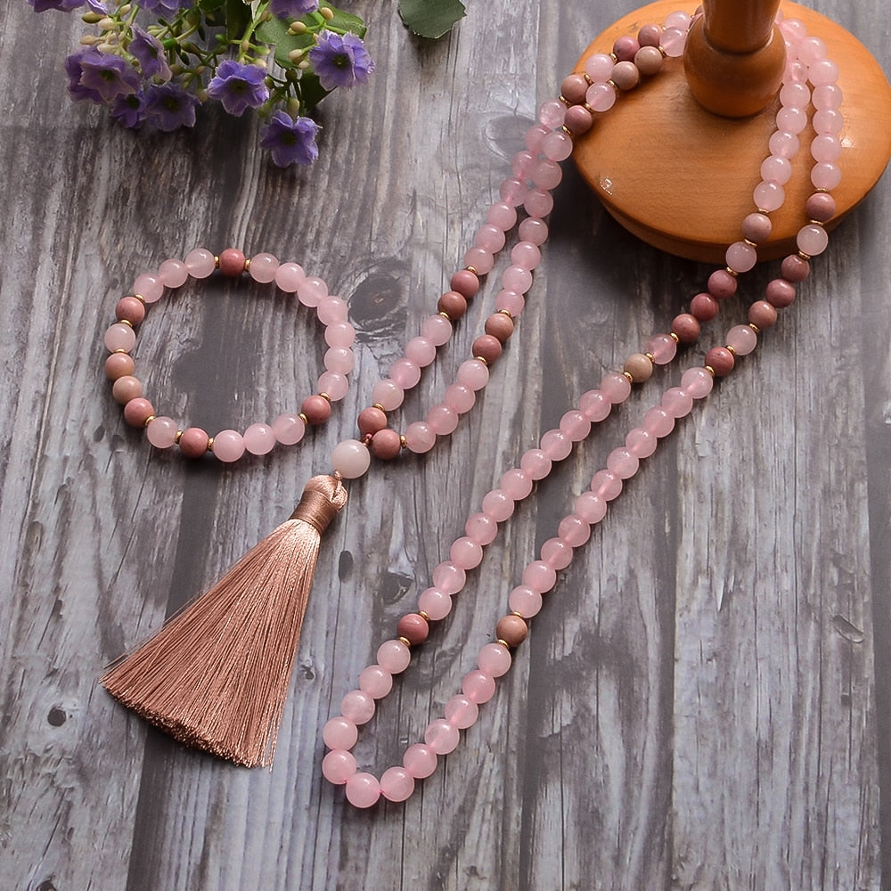 8mm Rhododenite Rose Quartz Beaded 108 Mala Necklace Meditation Yoga Prayer Jewelry with Bracelet