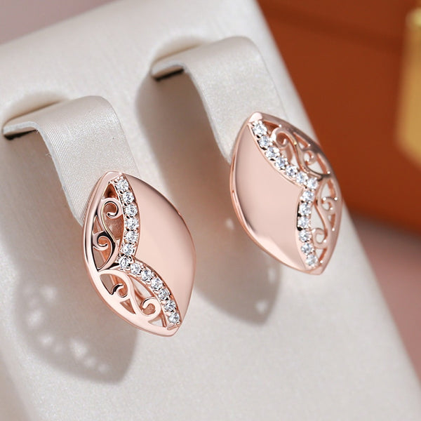 Vintage Oval Glossy Texture 585 Rose Gold Color Zircon Drop Earrings