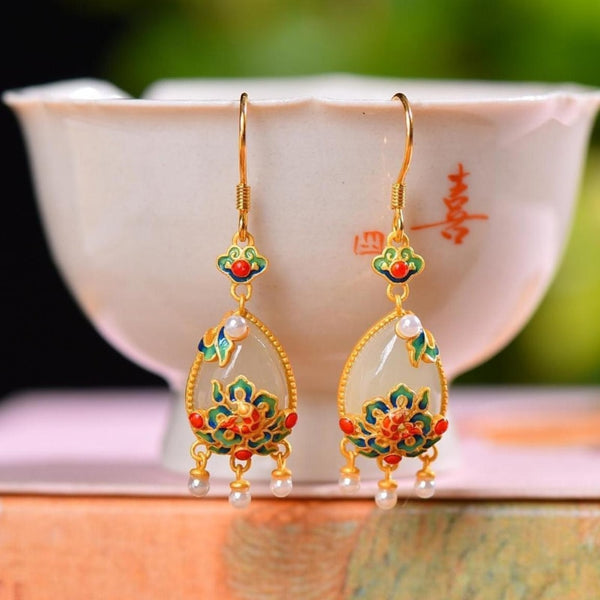 Natural chalcedony water drop enamel porcelain earrings for women