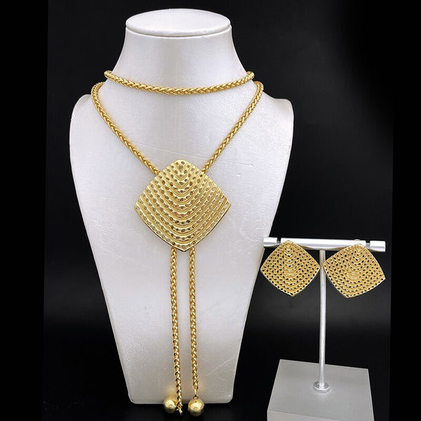 Gold Color Jewelry Necklace And Earrings Set For Women Long Chain Large Pendant