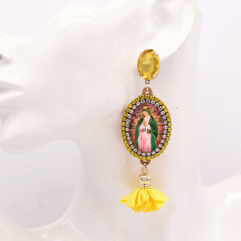 Bohemian Flower Earrings For Women Virgin Mary Earrings Angel Pendant Rhinestone Earrings