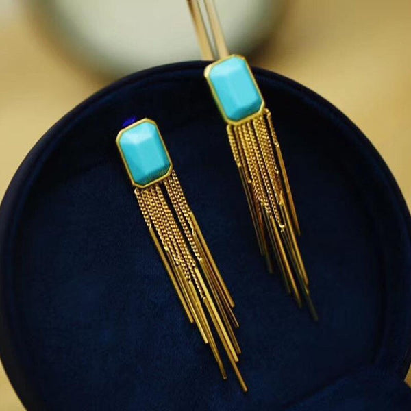 Classic design silver inlaid square turquoise long tassel earrings for women