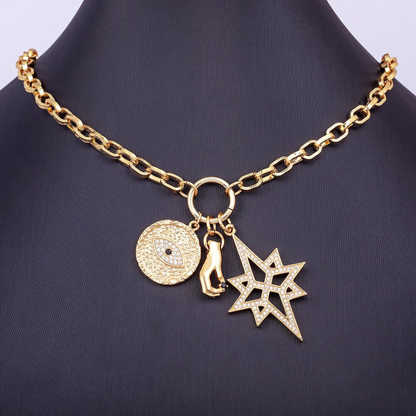 Hot Fashion Geometric Paperclip Link Chain Gold Color Evil Eye Palm Shape Pendant Necklace