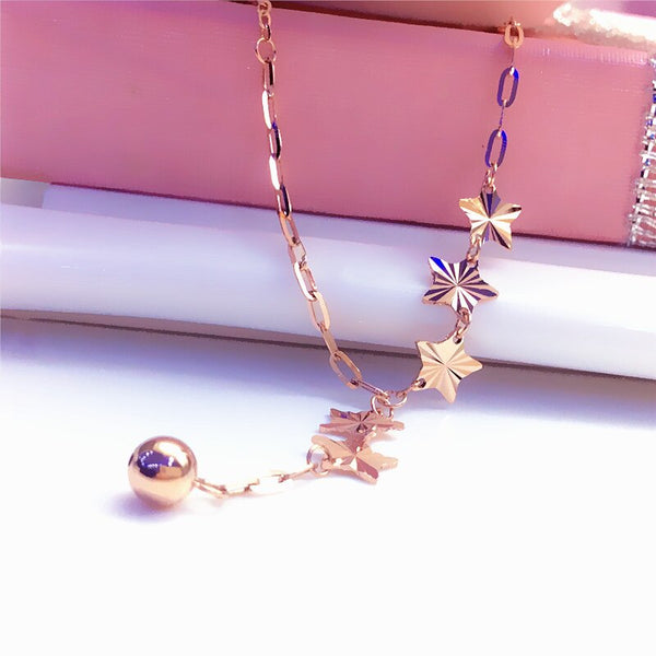 585 Purple Gold Plated 14K Rose Gold Stars Round Beads Chain Necklaces