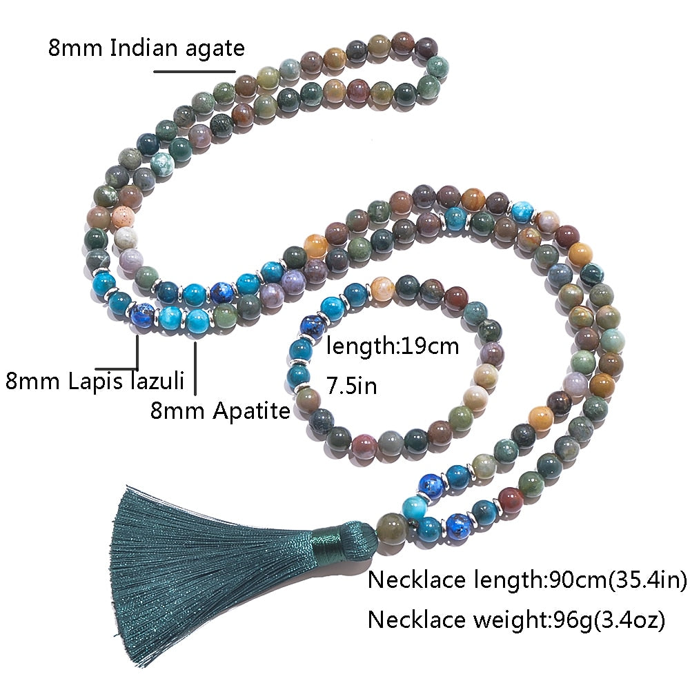 8mm Indian Agate Apatite Lapis Lazuli Beads Necklace Bracelet Japamala Set