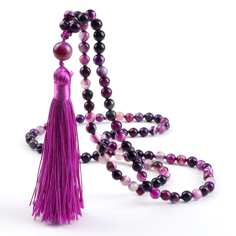 Women Mala Bohemian Tassel Necklace 108 Beads Natural Stone Purple Stripe Onyx Stone Beaded Necklace