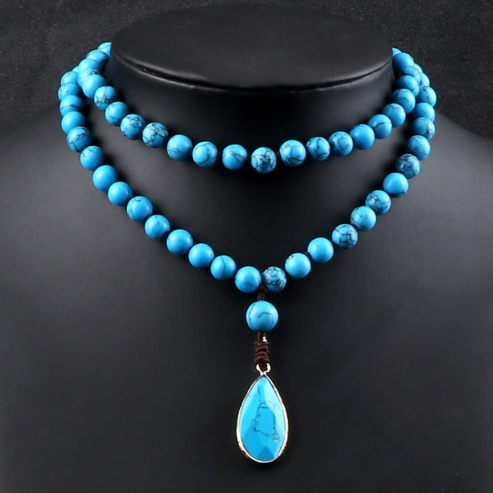 8mm Natural Blue Howlite Stone Beaded Necklaces For Women Bohomia Pendant Japamala Necklaces