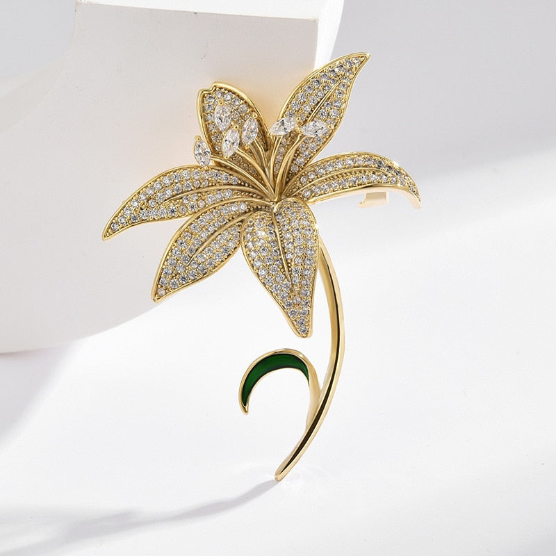 Luxury Copper Micro Inlaid Cubic Zirconia Lily Brooch