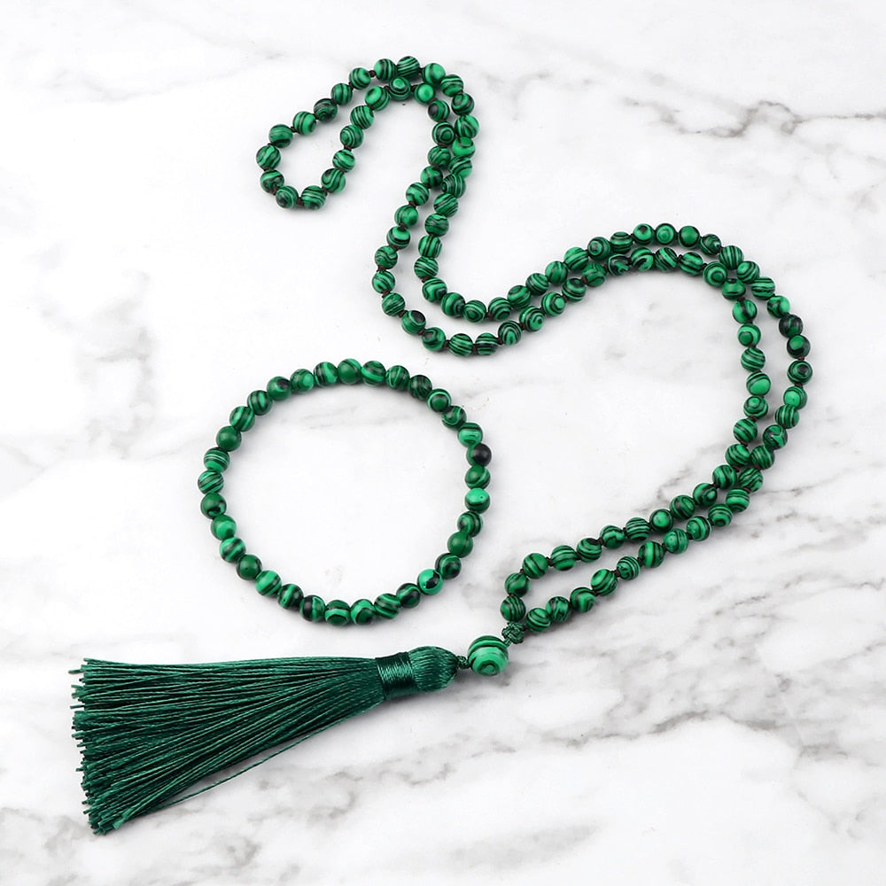 Tibetan 108 Mala Bracelet Necklace High Quality Natural Stone Beads Green Malachite Necklace