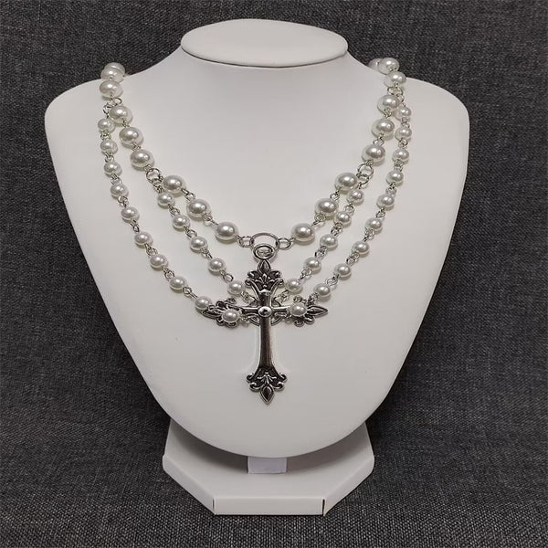 Pearl Large Cross Necklace Cottagecore Victorian Romantic Pearl Necklace