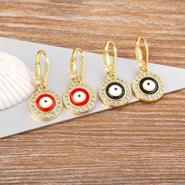 Lucky Evil Eye Hamsa Round Shape Drop Zircon Earrings