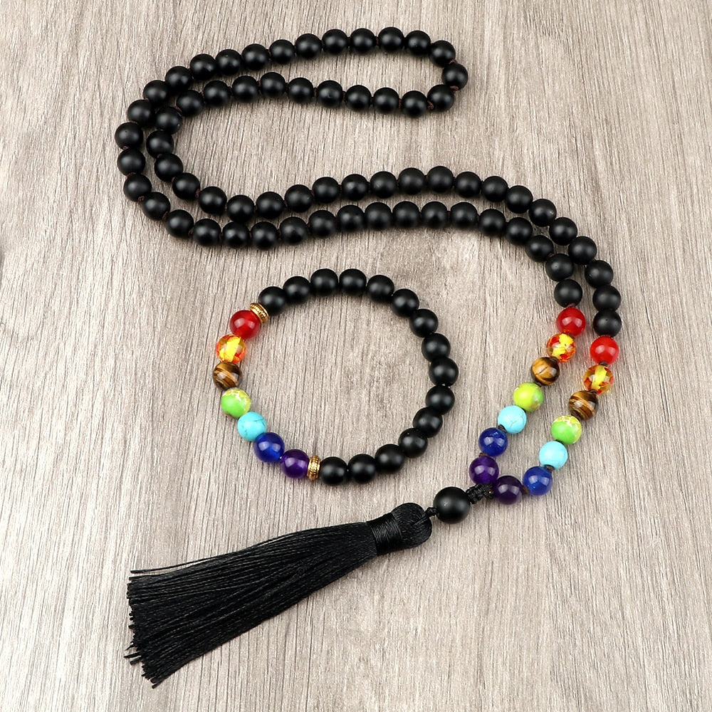 2pcs/set Men Black Onyx Beaded 7 Chakra Bracelets Necklaces