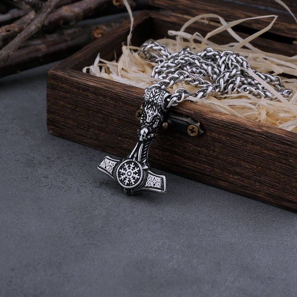 Vintage Viking Thor Mjolnir and Helm of Awe Skull Necklace Men's