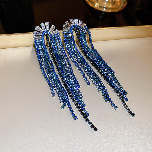 Long Tassel Drop Earrings for Women Blue Rhinestone Dangle Earrings