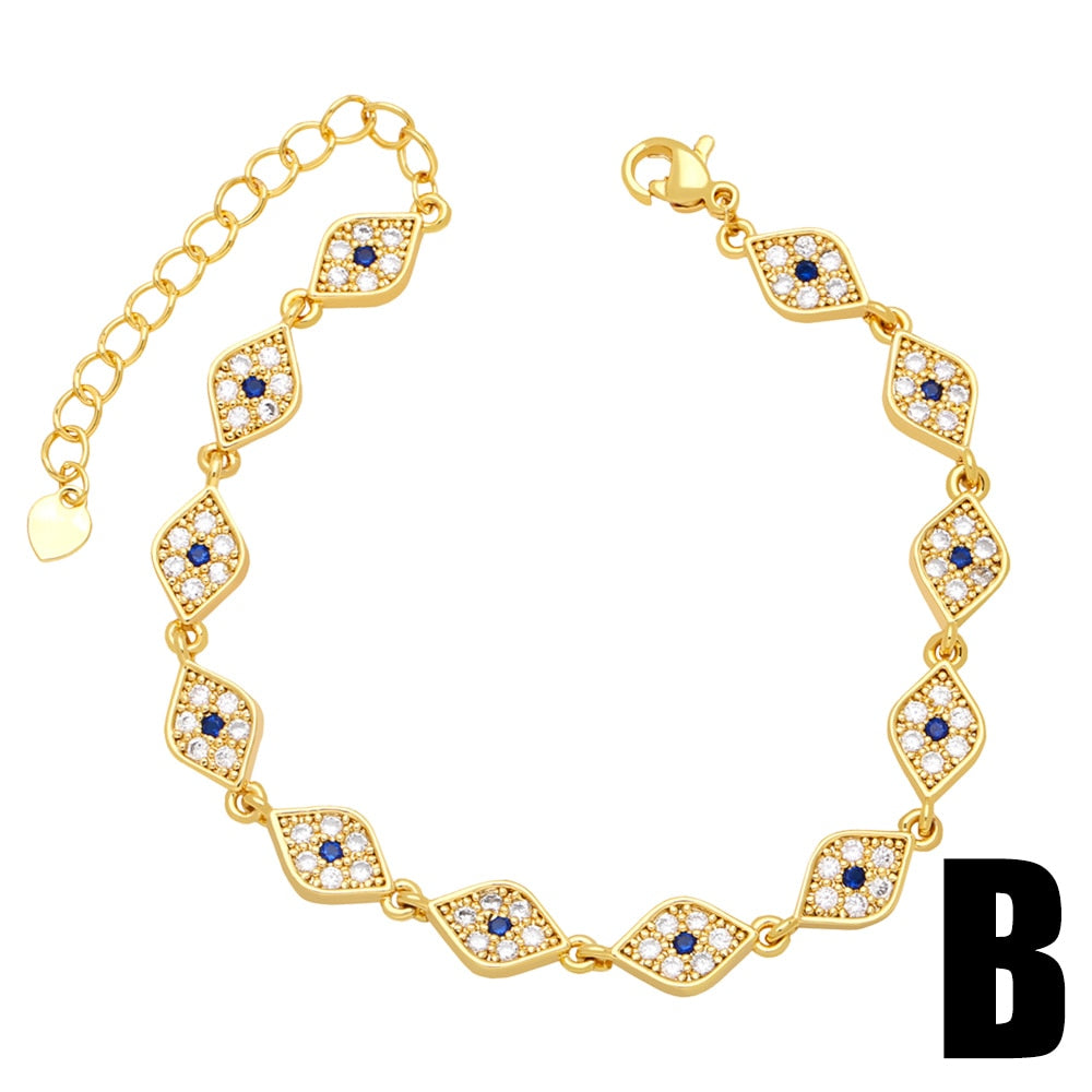 Simple Gold Plated Beads Bracelets Copper CZ Rhinestone Evil Eye Bracelets