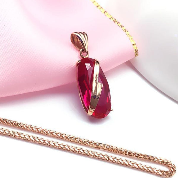 Classic 585 Purple Gold Plated 14K Rose Gold Inlaid Ruby Oval Pendant Necklace