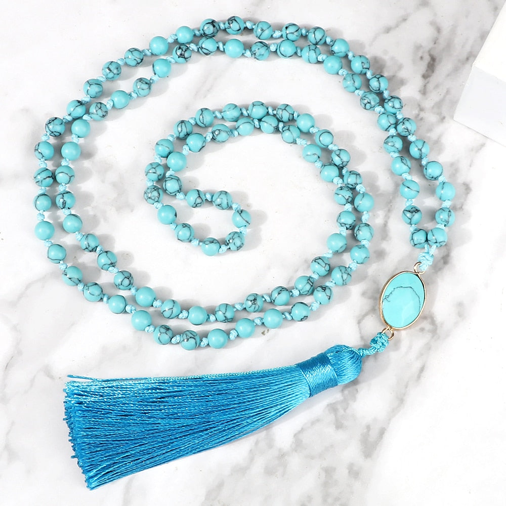 Natural Blue Pine Stone 108 Mala Beads Long Necklaces 6mm Natural Stone Pendant Women