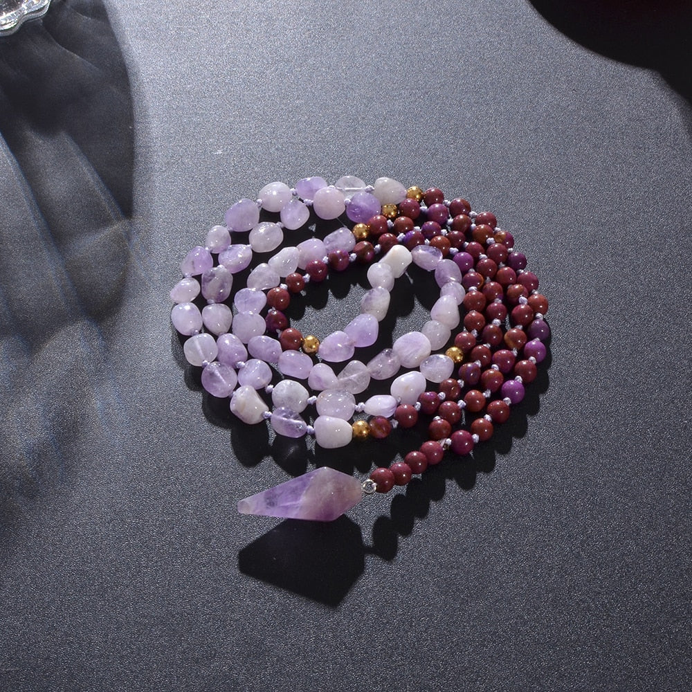 Irregular Natural Amethyst Bead Knot 108 Mala Necklace