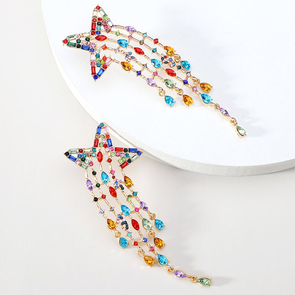 Bohemian Colorful Crystal Tassel Star Long Dangle Earring