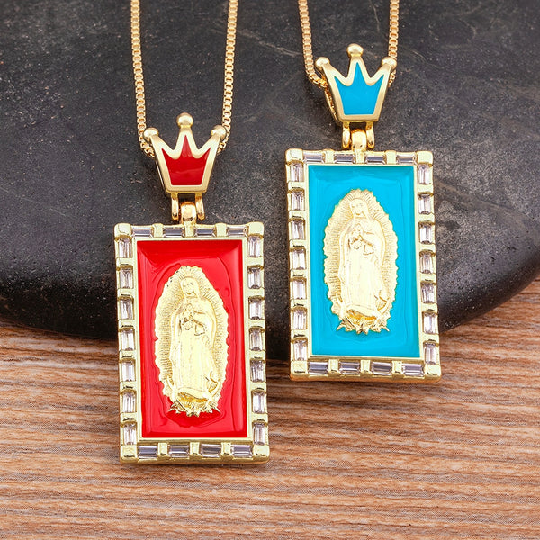 Light Luxury Enamel 5 Colors Crown Inlaid Virgin Mary Crystal Pendant Oil Dripping Necklace