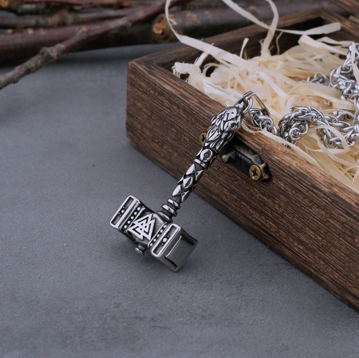 Stainless Steel Vintage Viking Thor's Hammer with Norwegian Rune Necklace Men's