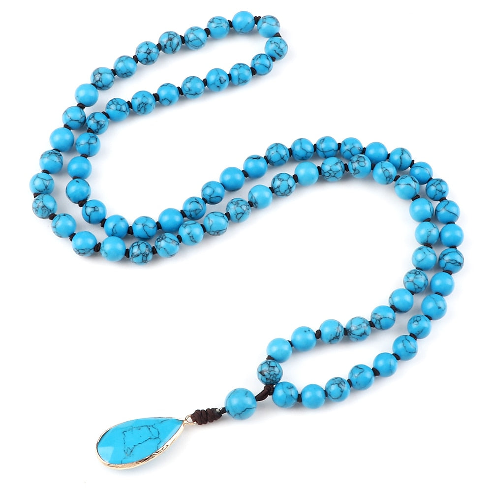 8mm Natural Blue Howlite Stone Beaded Necklaces For Women Bohomia Pendant Japamala Necklaces