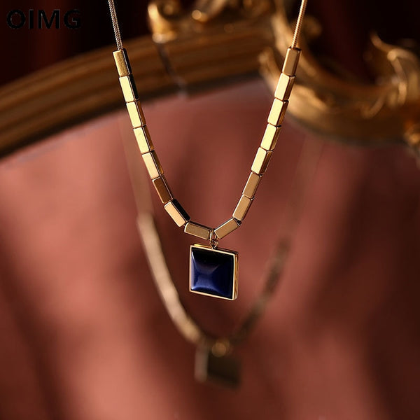 Gold Color Square Blue Srone Pendant Necklace For Women