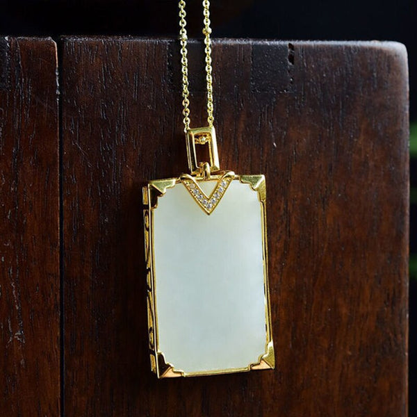 Newsilver inlaid natural Hetian white jade Rectangular Pendant Necklace