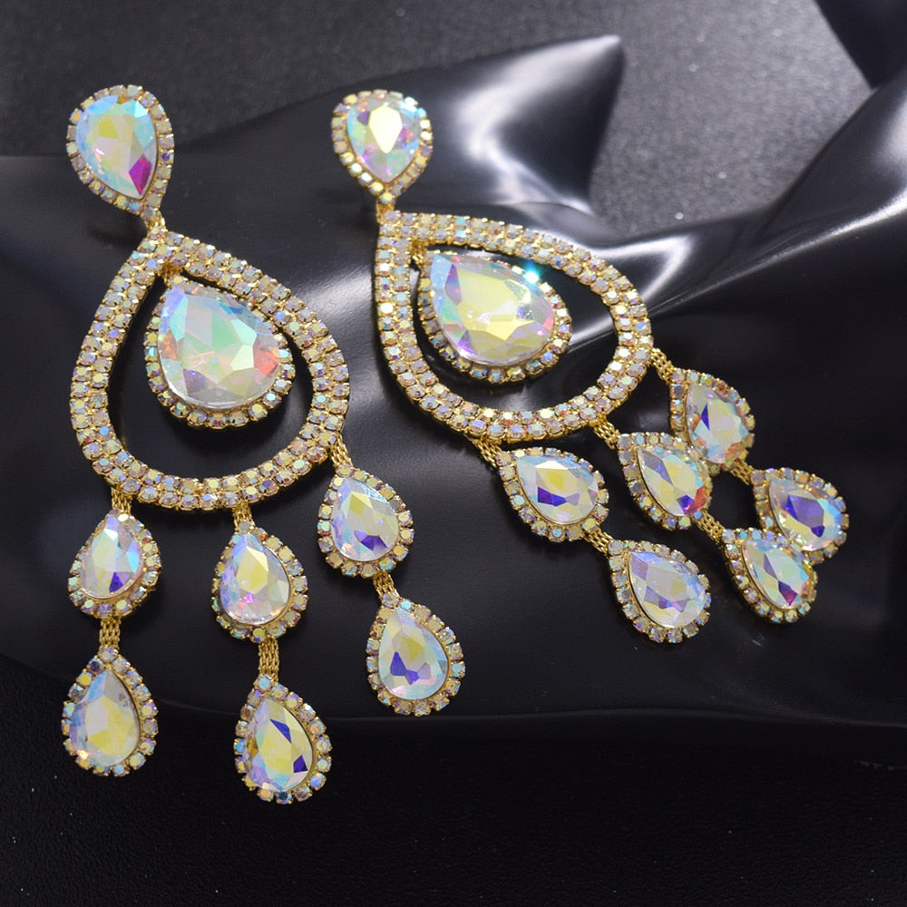 12.8cm length big size women exquisite dangle drop water rhinestones AB crystal earrings