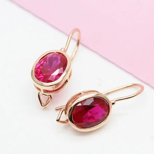 585 purple gold plated 14K rose gold inlaid oval ruby earrings for women