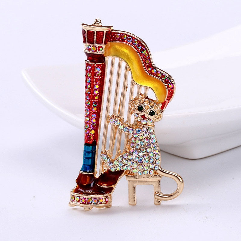 Playing Harp Cat Brooch Cute Funny Cartoon Pin Animal Design Jewelry