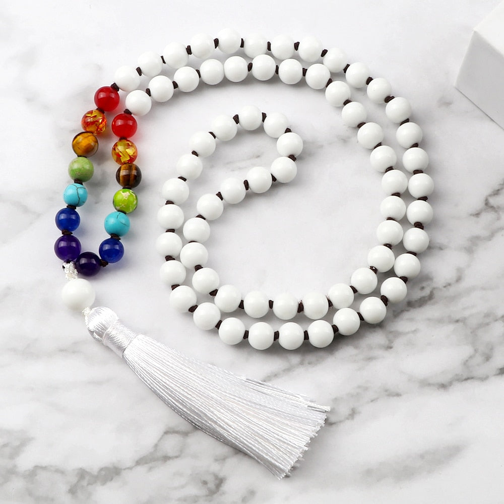 Women Bright White Color Beads Chakra Stretch Necklace