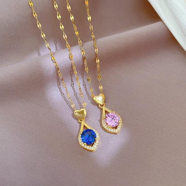 Gold Plated Korean Crystal Water Drop Pendant Necklace Women