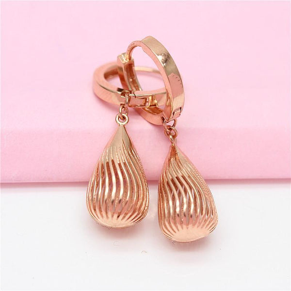 585 purple gold 14K rose gold long water hollow drop earrings for women