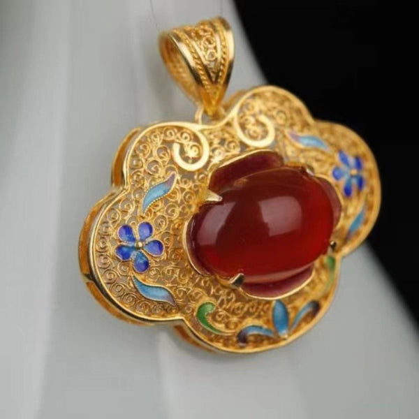 inlaid Natural red chalcedony pendant necklace for women