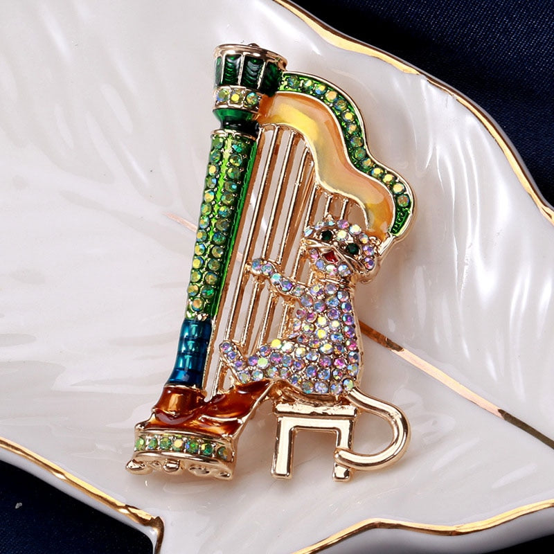 Playing Harp Cat Brooch Cute Funny Cartoon Pin Animal Design Jewelry