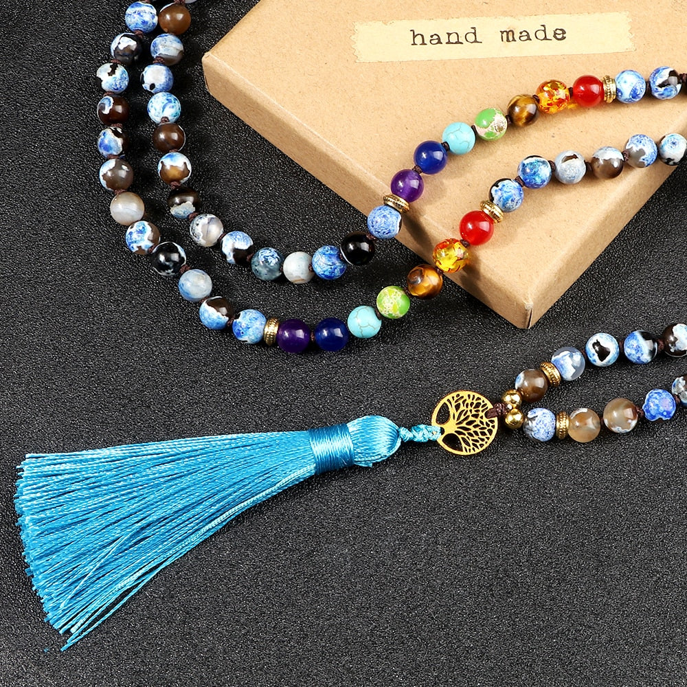 Hot Life Tree Pendant Necklaces For Women 108 Japamala 7 Chakra Natural Onyx Beads Necklace