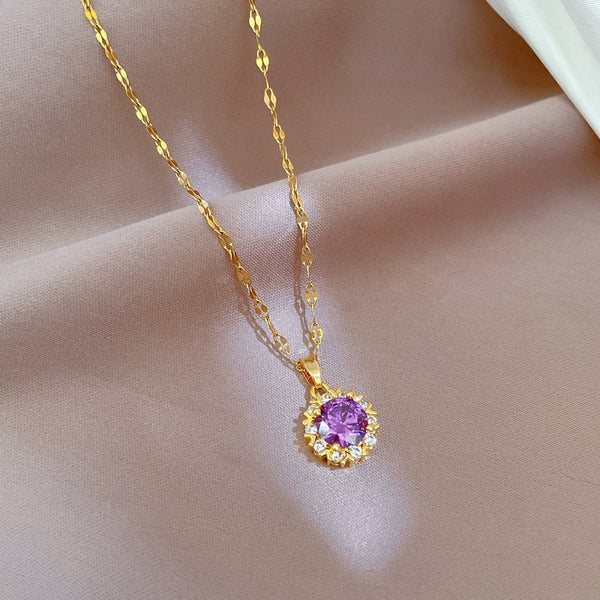 French Romantic Purple Dainty Women Cubic Zirconia Necklace