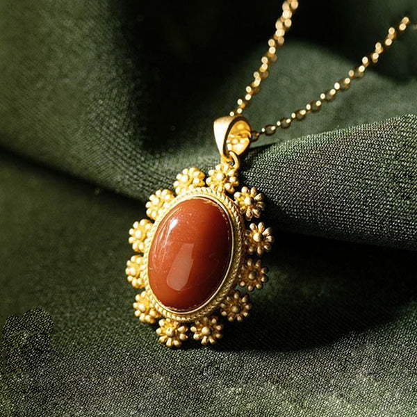 Ancient gold craftsmanship inlaid with southern red tourmaline flower pendant ladies necklace