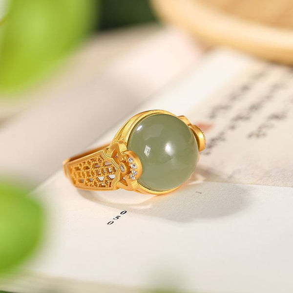 Ancient gold technology inlaid crystal round natural Hotan jasper rings for women