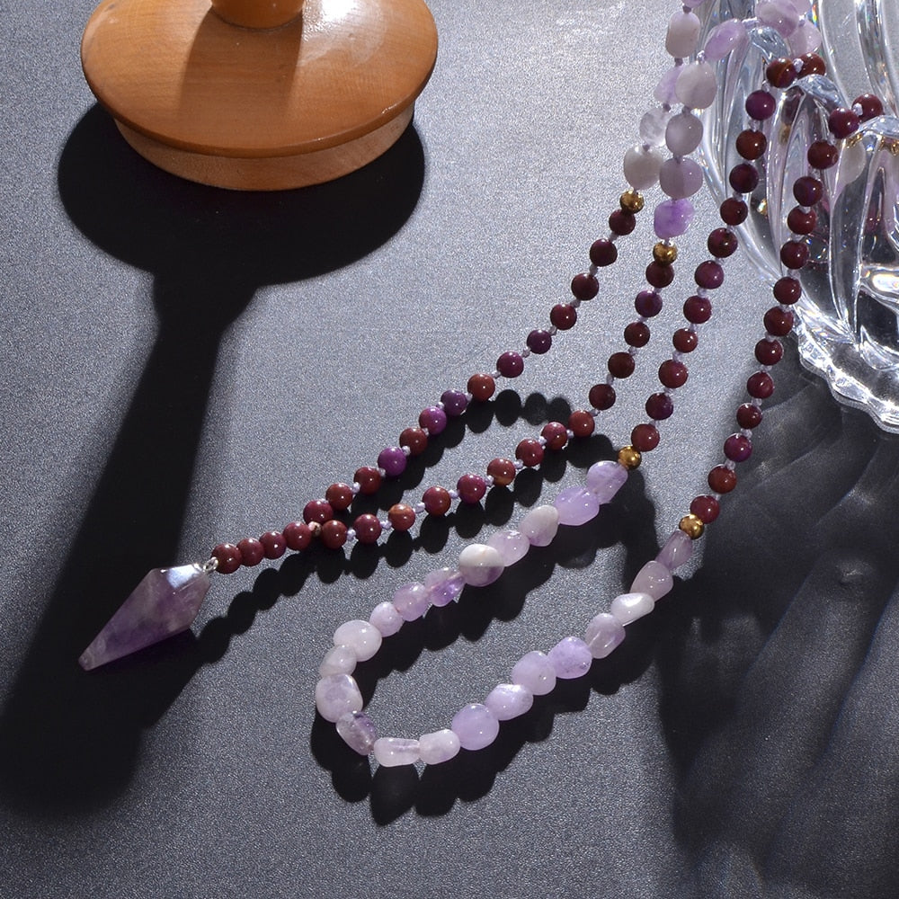 Irregular Natural Amethyst Bead Knot 108 Mala Necklace