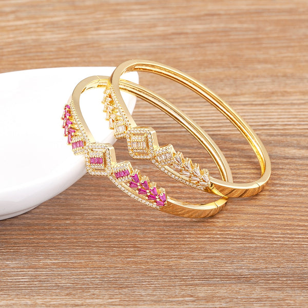 Light Luxury Geometric Design AAA Zircon 5 Colors Gold Plated Double Layer Hollow Bangles For Women