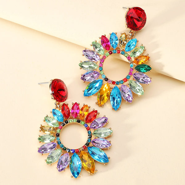 Bohemian Fashion Round Sunflower Multicolored Crystal Big Dangle Earrings For Women