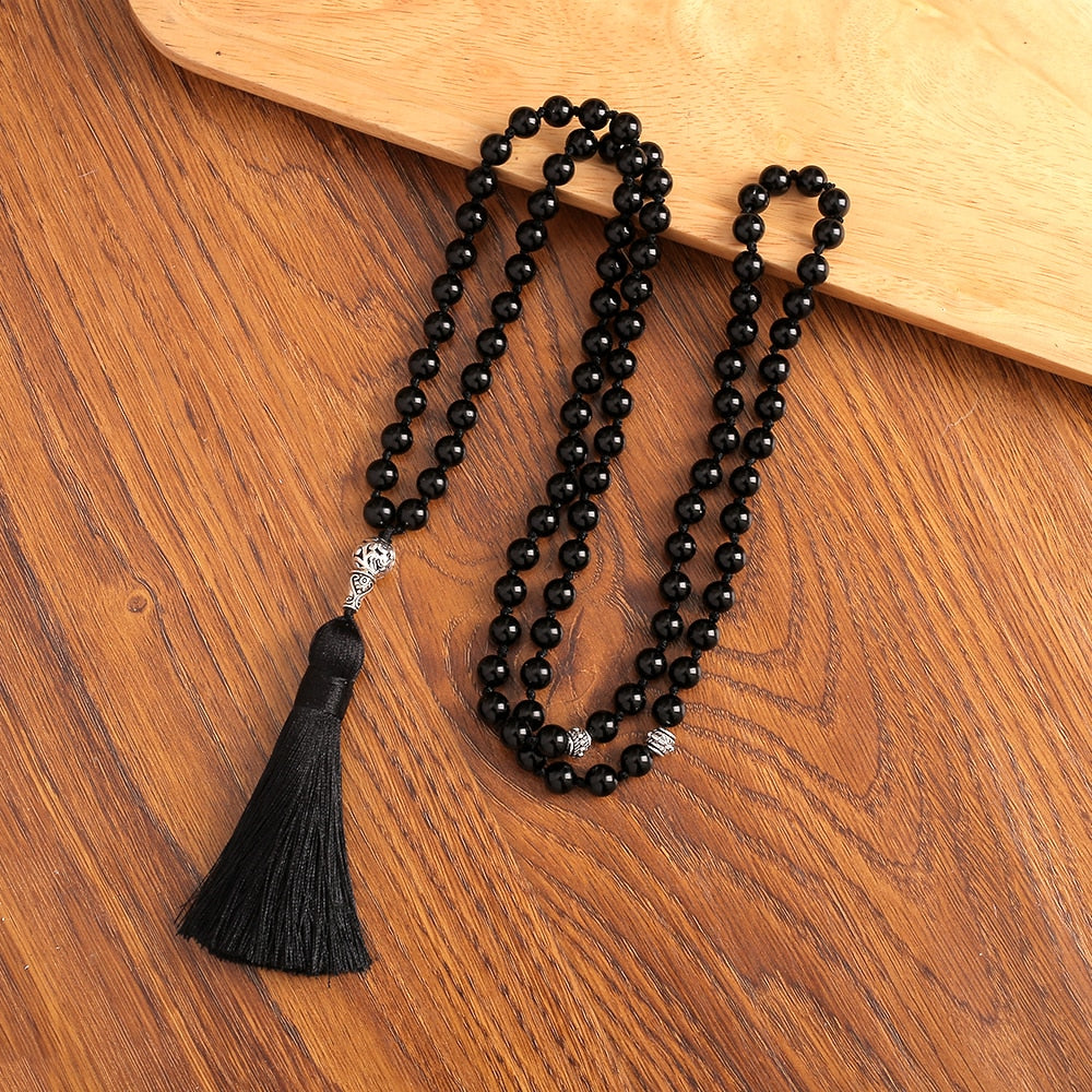 Islamic Muslim Tasbih Prayer 99 Beads  Rosary 8mm Black Onyx Knotted Necklace Bracelet