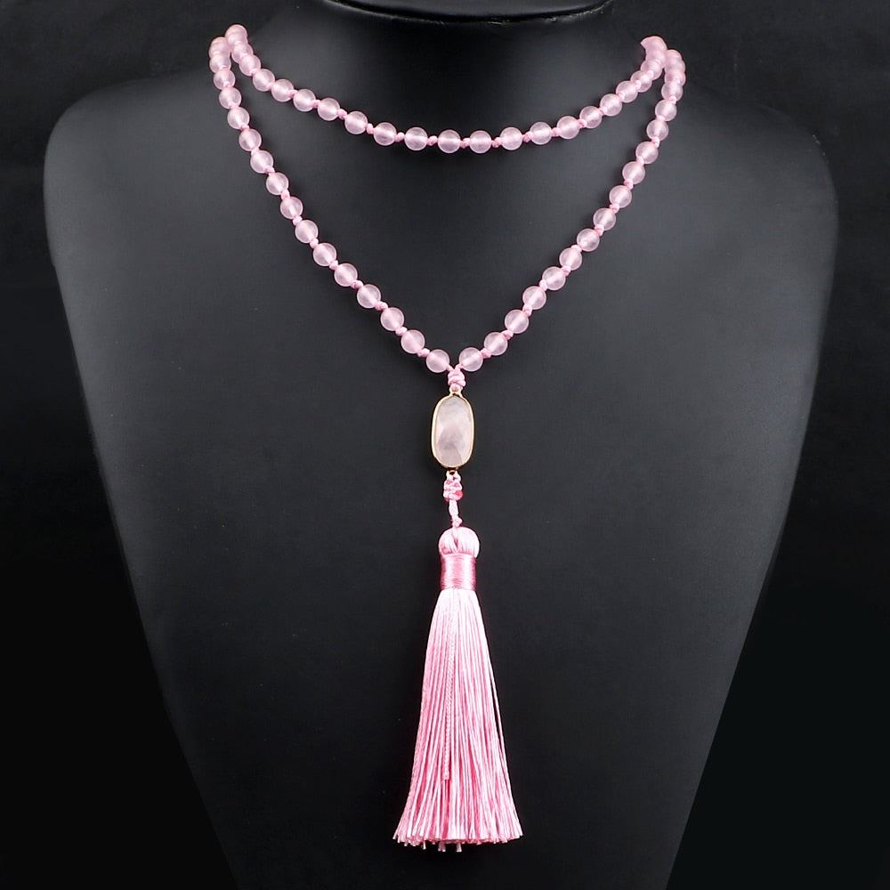 Fashion Natural Pink Chalcedony Beads Necklaces 108 Mala Beads Pendant Charm Women